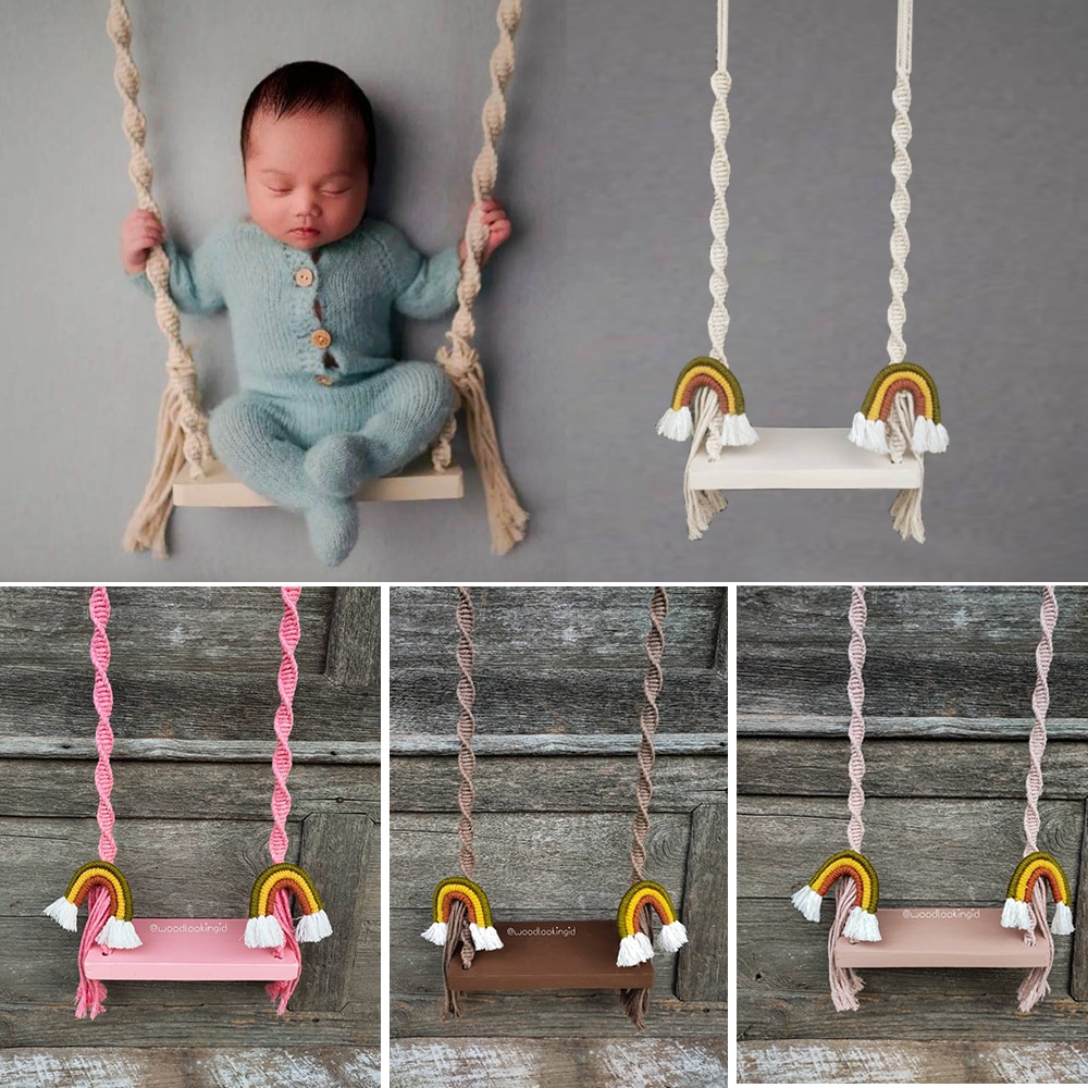 Wooden Swing Newborn Posing Prop Natural Toys Vintage Swing Rainbow Macrame Boho Children's Photography Shootsession Posing