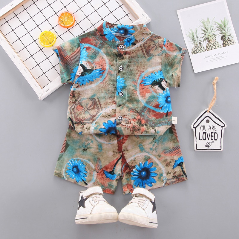 Baby Clothes Suit Hawaiian Beach Style Baby Boy 2PCS Clothes Summer Short-Sleeved Shorts Suit Baby Printed Shirt+Casual Shorts