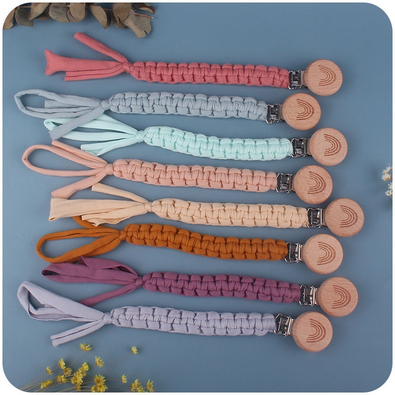 Hand-woven Pacifier Chain Rainbow Beech Wood Clip Colorful Soothing Baby Pacifier Anti-drop Chains Infant Products