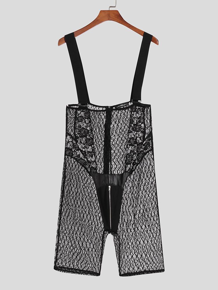 Men Rompers Pajamas Lace Patchwork Sleeveless Transparent Skinny Suspender Jumpsuits Sexy Men Playsuits Homewear S-5XL INCERUN