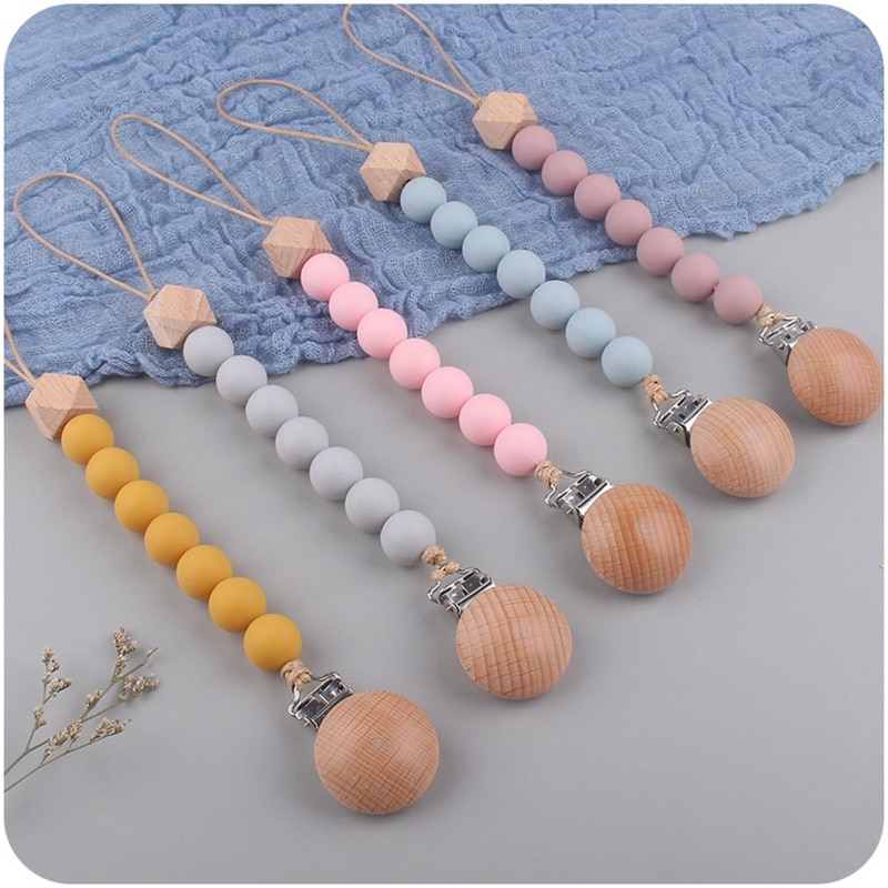Baby Pacifier Clip Silicone Holder Chain Beech Bead Teething Toy for Infant Girls Boys Chewing Playing Supplies