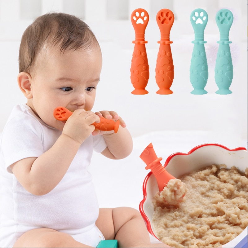 2PCS Baby Spoon Silicone Teether Toys Learning Feeding Scoop Training Utensils Newborn Tableware Infant Learning Spoons Teether
