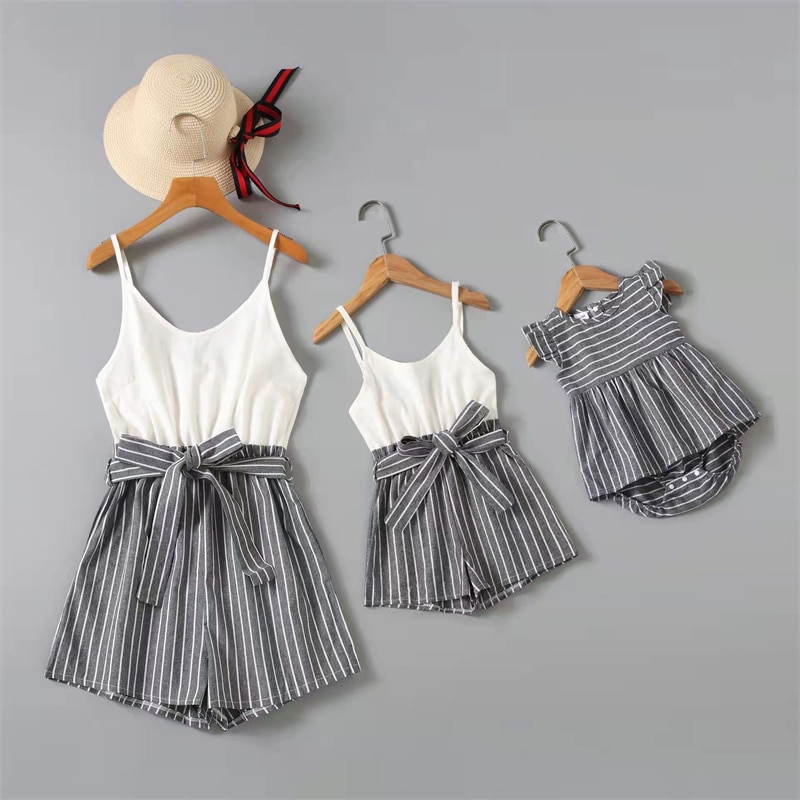 Striped Mommy and Me Clothes Family Look One-Piece Mother Daughter Matching Overalls Dresses Fashion Woman Girls Tank Jumpsuits