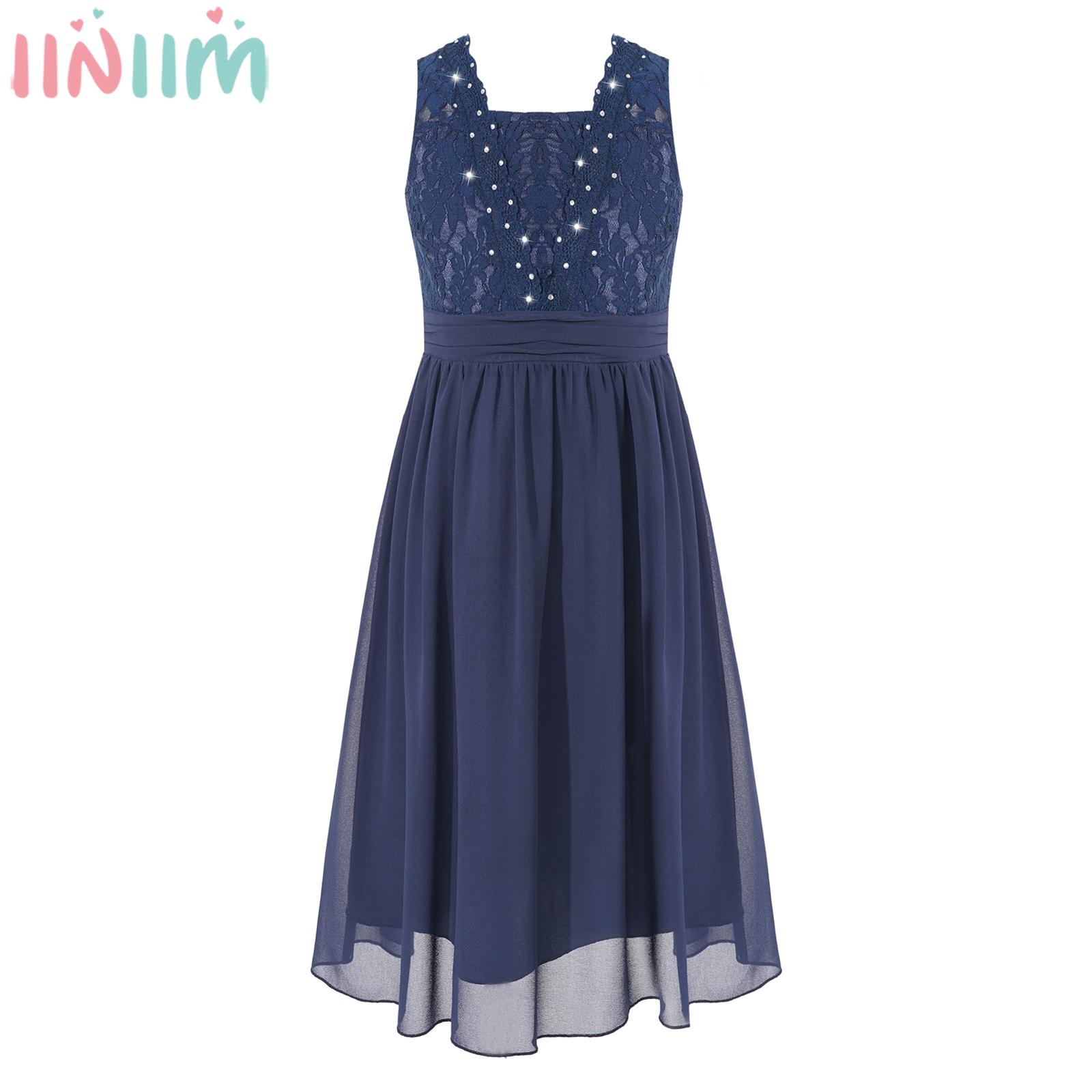 iiniim Kid Girls Shiny Lace Party Dress Sleeveless Backless Pleated Chiffon Princess Dress for Wedding Bridesmaid Birthday Prom