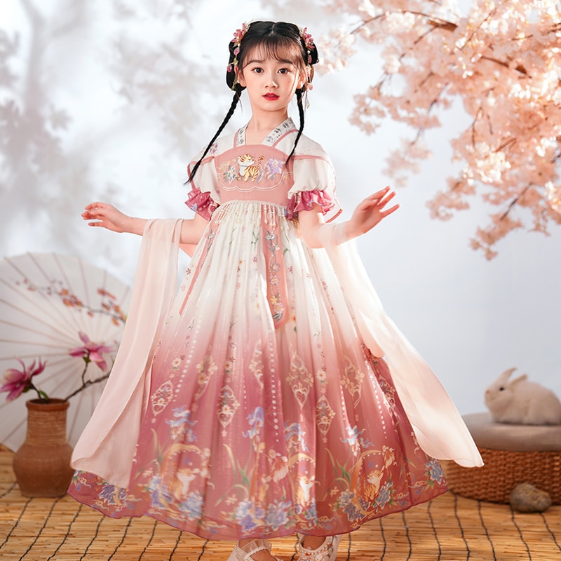 Kids Dress Girls Pink Blue Chinese Style Hanfu Dressess Antiquity Short Sleeve Ankle-Length Dresses For Performance