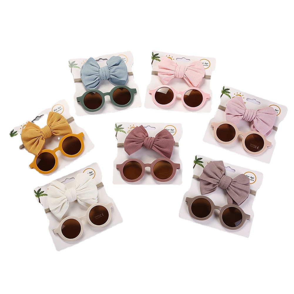 Summer 2Pcs Baby Round Sunglasses Cotton Solid Color Hair Band UV400 Protection Classic Kids Headwear Kids Accessories