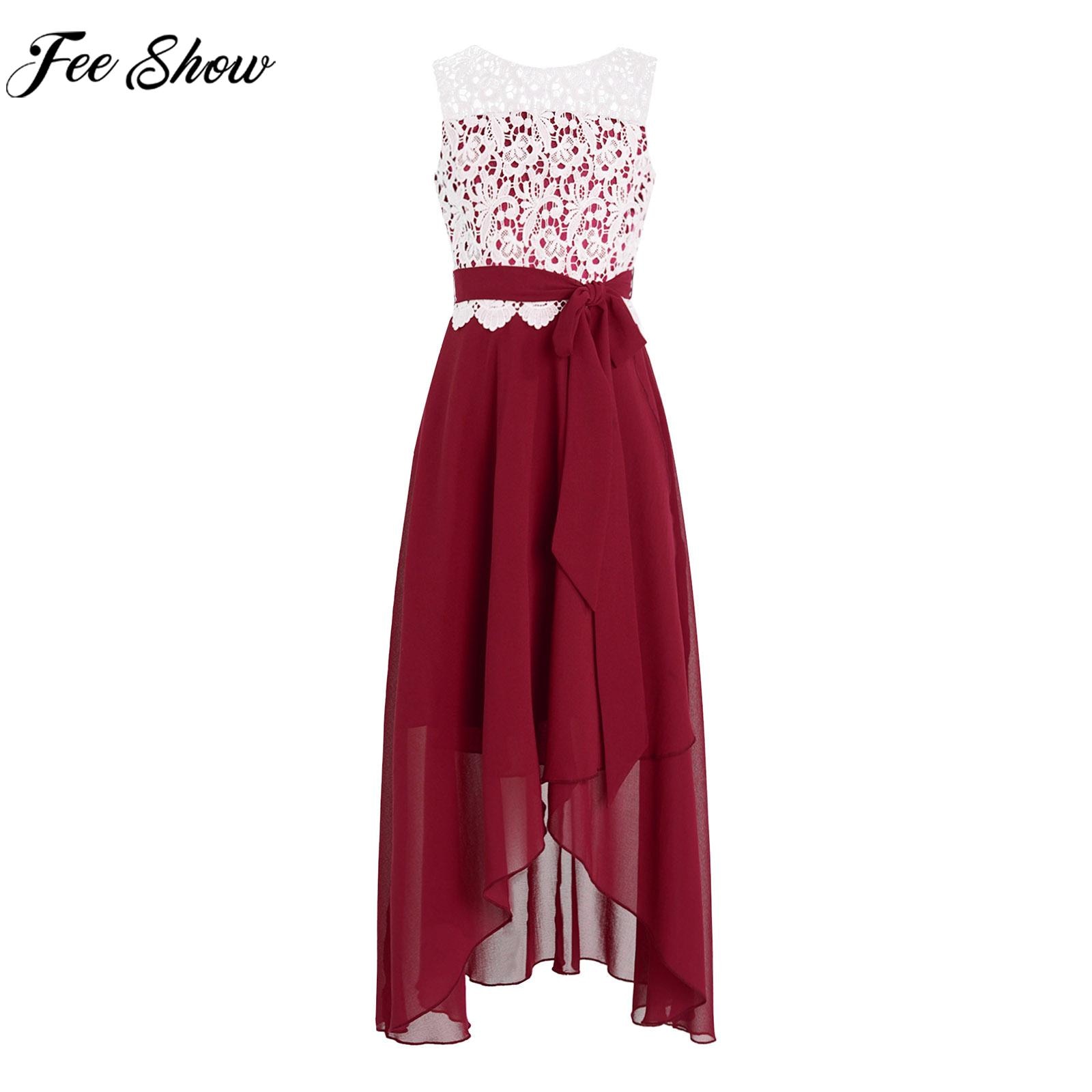 Teens Girls Summer Sleeveless Party Dress Elegant Lace Floor-length Chiffon Maxi Dresses with Sash for Wedding Birthday Pageant