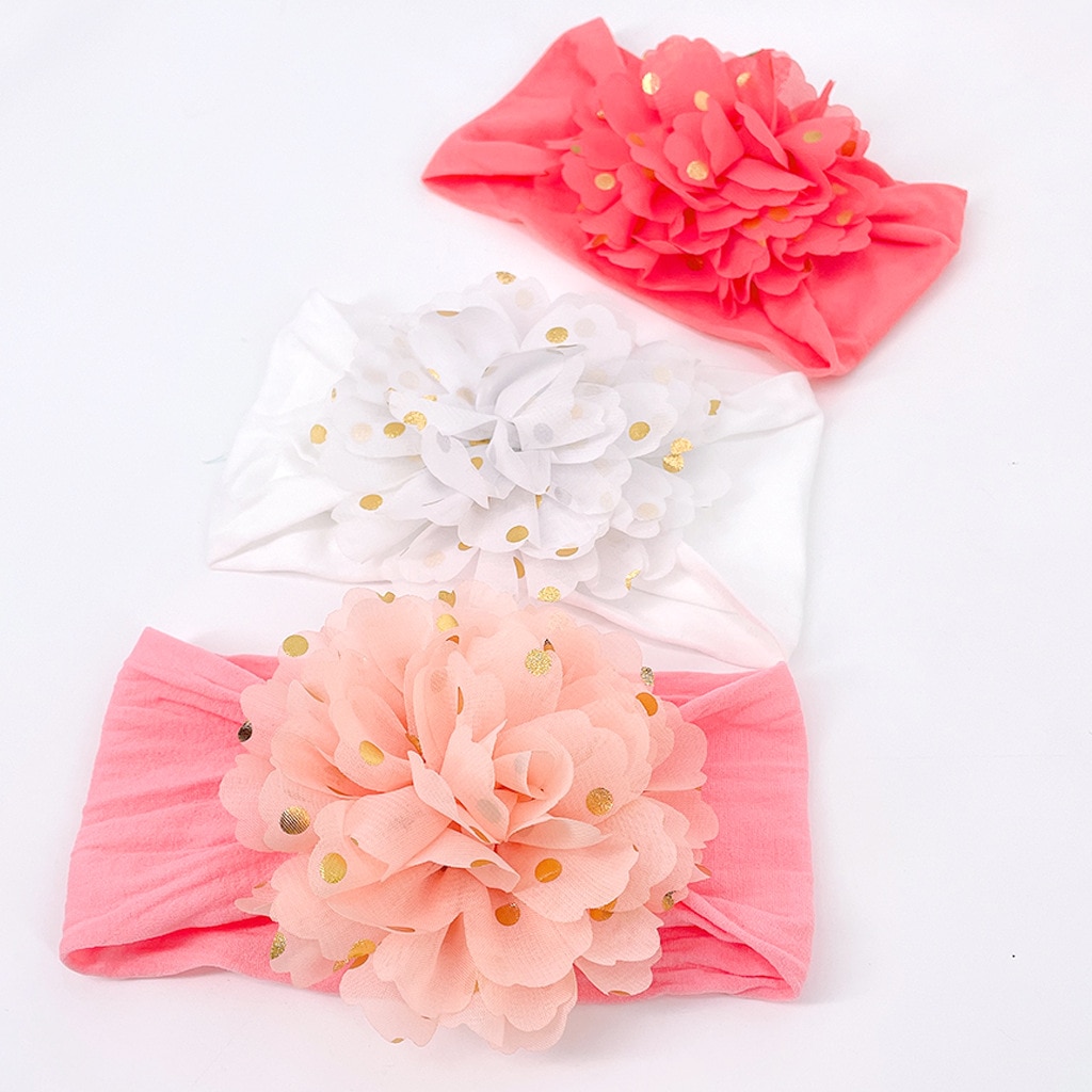 Yundfly Cute Chiffon Flower Baby Girls Nylon Headband Floral with Gold Dot Handmade Soft Newborn Toddler Kids Hair Accessories