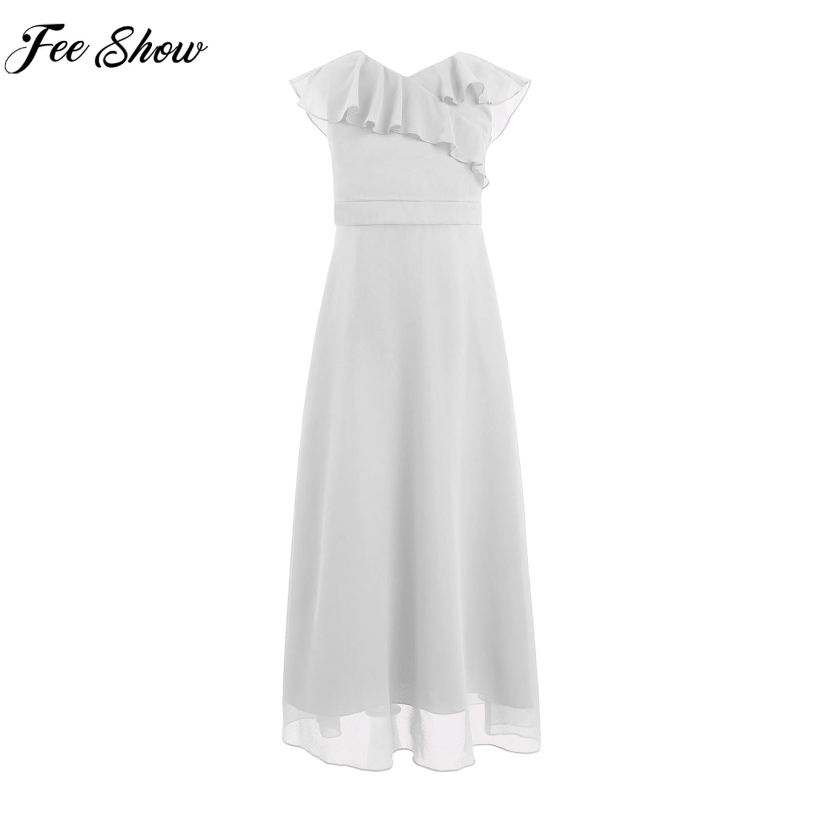 Kids Girls Elegant Ruffle Chiffon Party Dress Wedding Bridesmaid Clothing V Neck Floor Length Maxi Dress for Birthday Pageant