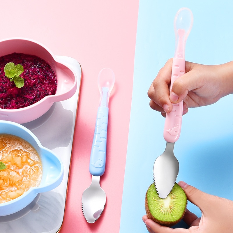 Baby Fruit Double Head Mud Scraping Spoon 304 Stainless Steel Fork Baby Silicone Soft Spoon With Storage Box Mud Scraping Spoon