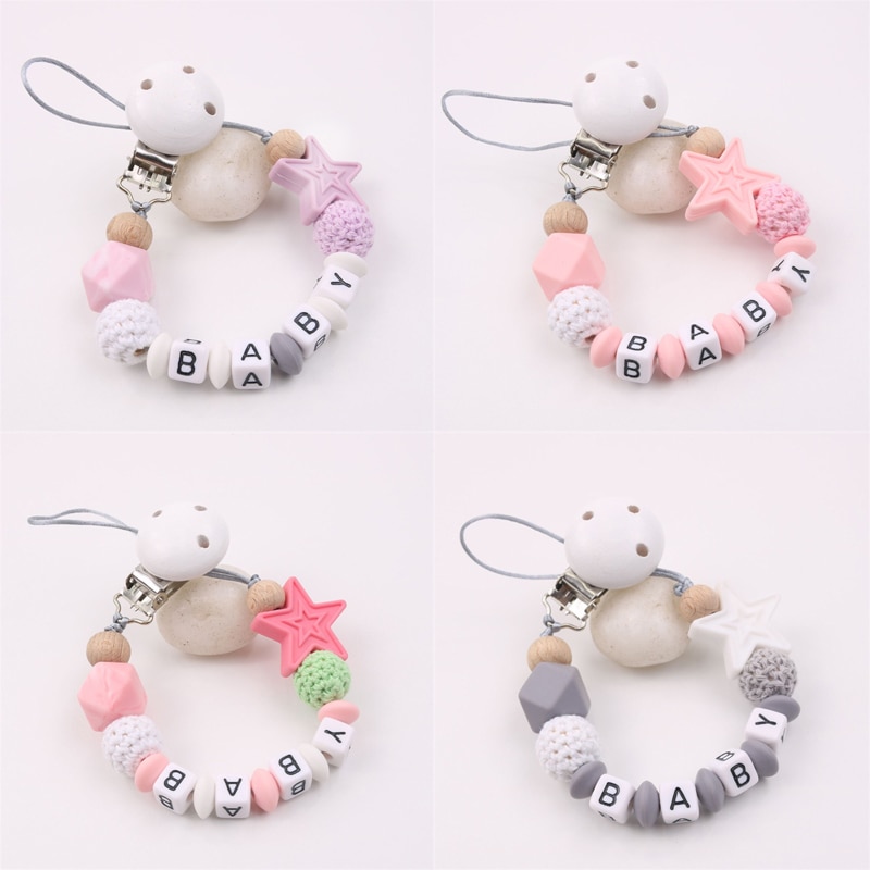 1Pcs DIY Personalized Name Pacifier Clip Handmade Beech Chain Silicone Double Stars Holder Soother Baby Teething Toy Chew Gifts