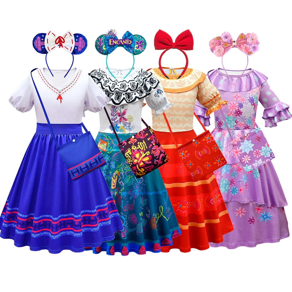 2022 Encanto Luisa Madrigal Dolores Pepa Girls Dress With Bag&Headband Cosplay Mirabel Carnival Halloween Children Costume