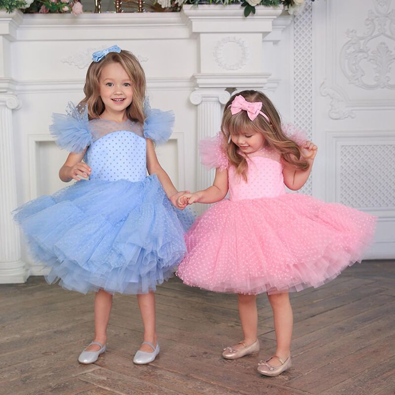 Shining 4-10T Girls Elegant Prom Gown Kids Evening Party Dress Bow Layer Tulle Wedding Dresses Princess Birthday Wear Vestidos