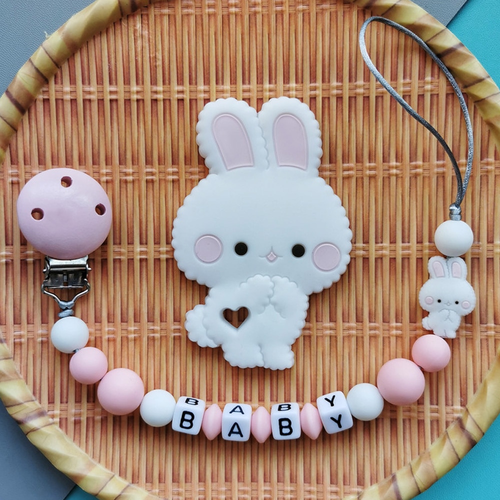 Custom English Russian alphabet names Baby Silicone Rabbit Pacifier Chains Clips Bead Pendants Toy Teether Kawaii Creative Gifts