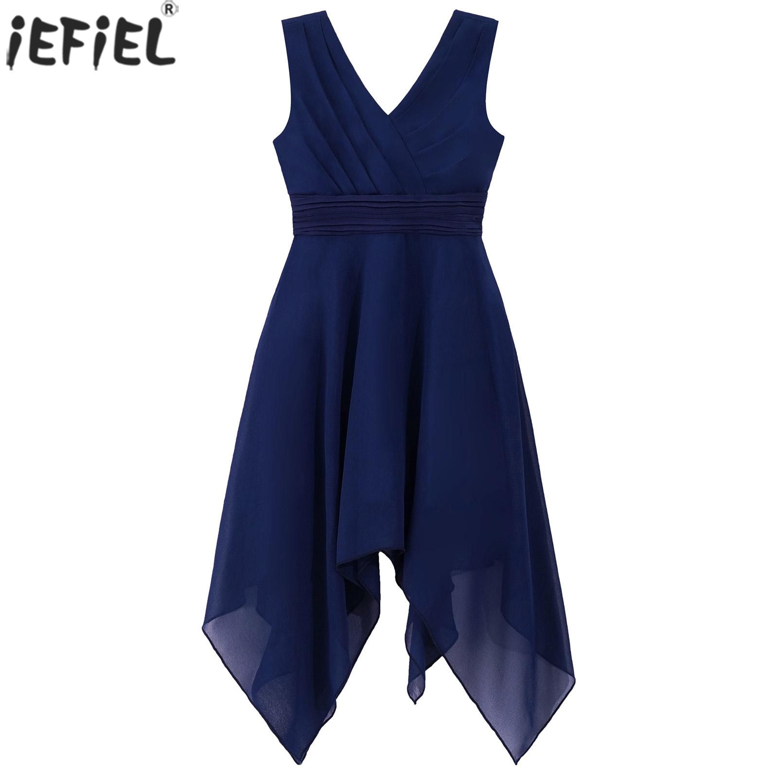 Kids Flower Girl Chiffon Dress Elegant Asymmetrical Solid Color Gown Zipper Closure V Neck Party Prom Wedding Costume