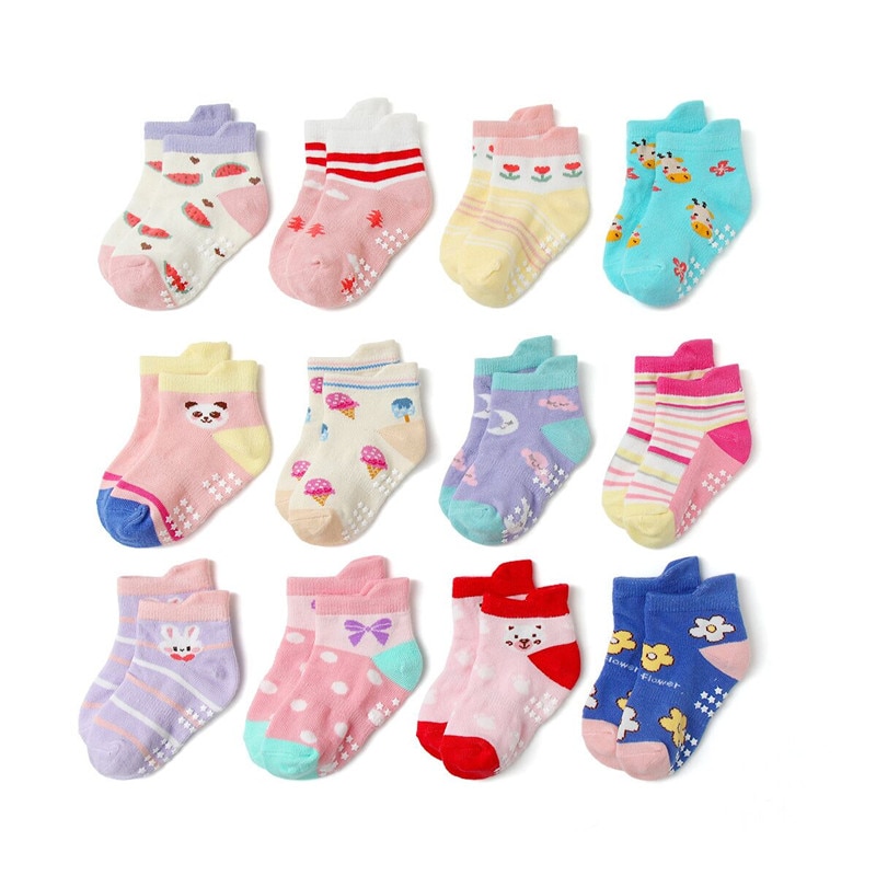 12 Pairs Non Slip Toddler Socks with Grip for Boys Girls Baby Infants Kids Anti Skid Cotton Crew Socks 1-7Years