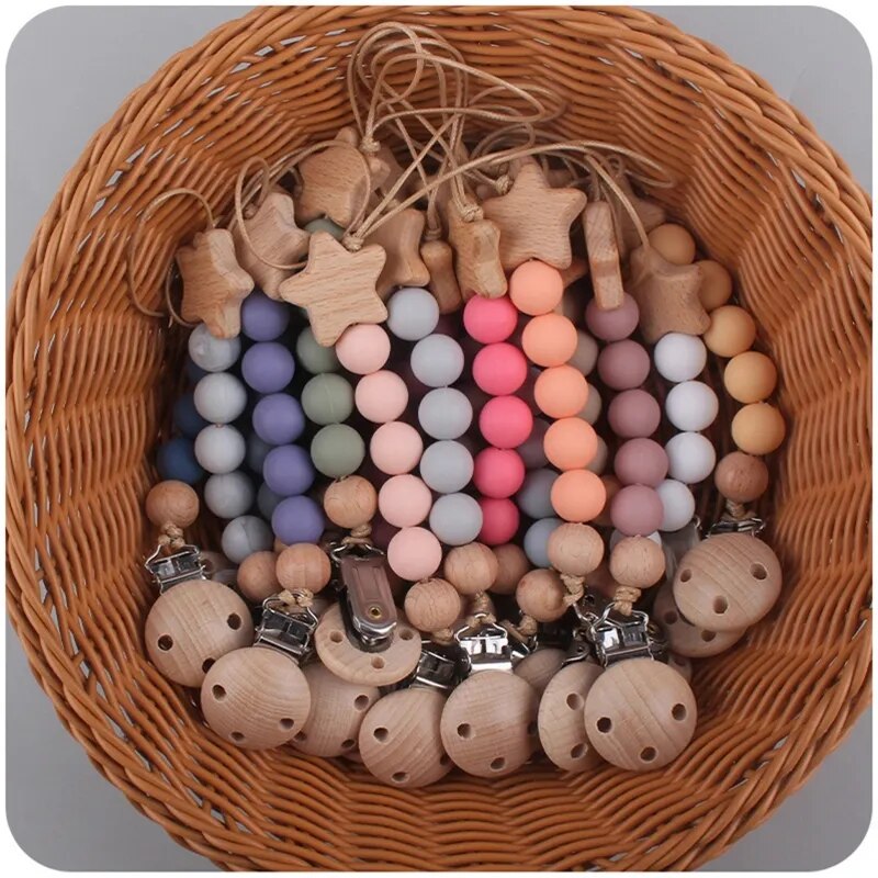Food Grade Silicone Beads Baby Pacifier Clips Chain Safety Beech Wood Newborn Dummy Nipple Holder Clip Baby Soother Teething Toy