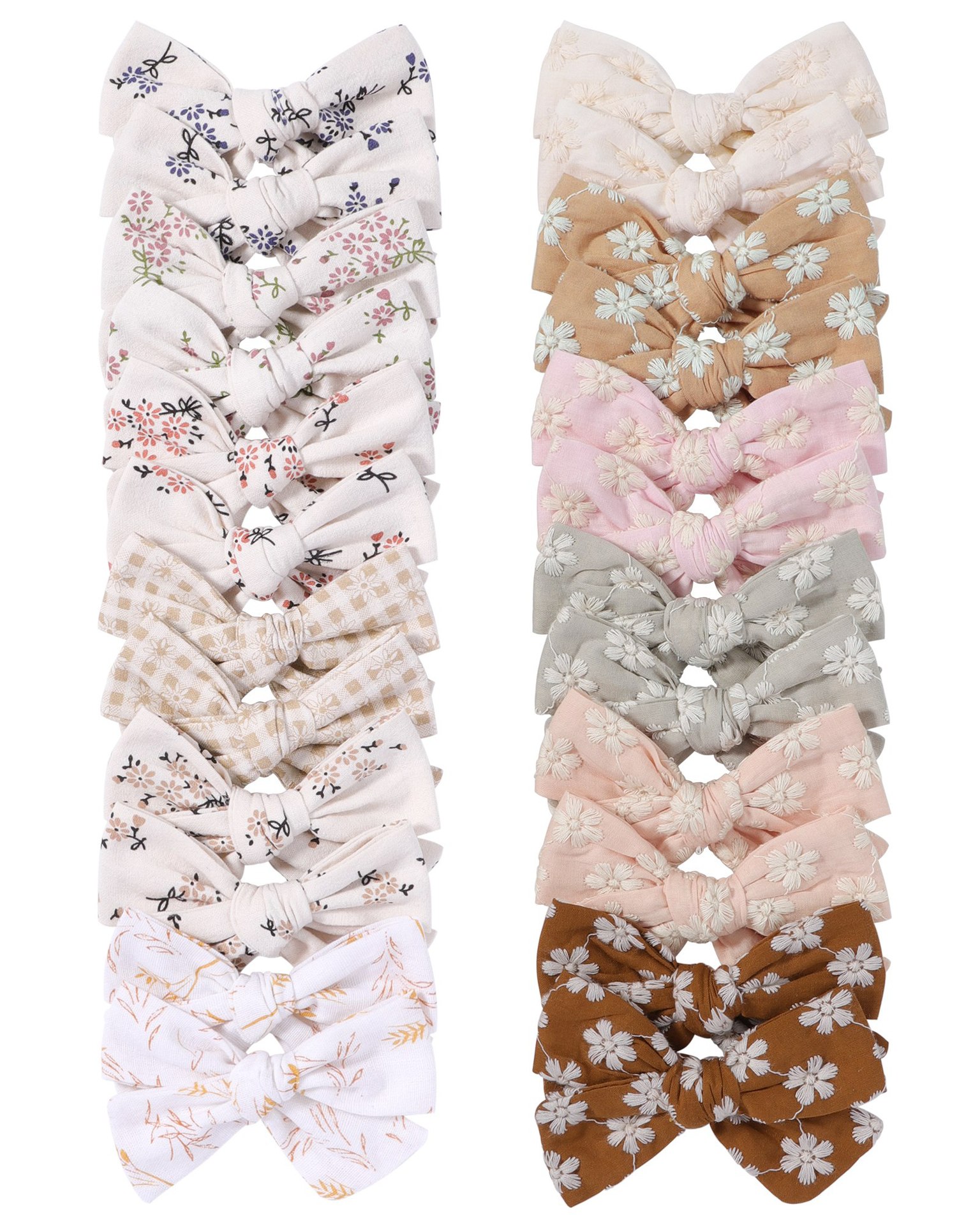 24Pcs/Pack 3.7'' Embroidery Baby Girl Hair Bow Clip Kids Countryside Flower Print Hairpins Mini Cute Plain Bang Hairgr