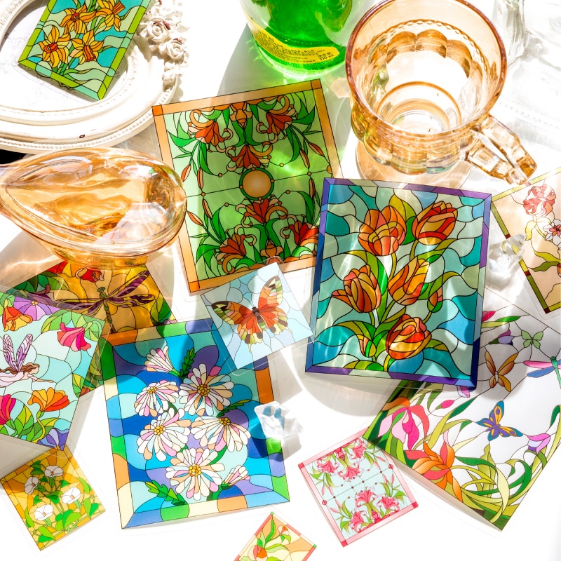 15pcs Glass Dream Series water proofDecorative PET Stickers flower window DIY Sticker Scrapbook Decoration Stationery Stickers