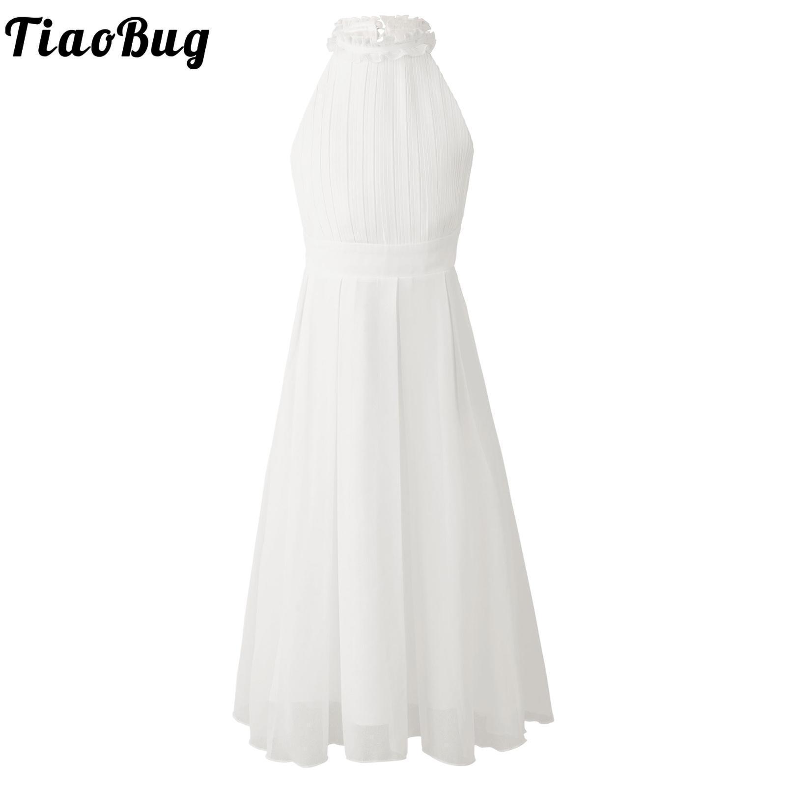 Elegant White Dress for Girls Bridesmaid High Waist Chiffon Party Gown Dress Flower Girl Dress Evening Party Formal Costume