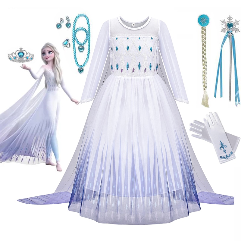 Disney Frozen 2 Costume for Girls Princess Elsa Dress White Ball Gown Birthday Kids Snow Queen Cosplay Carnival Clothing