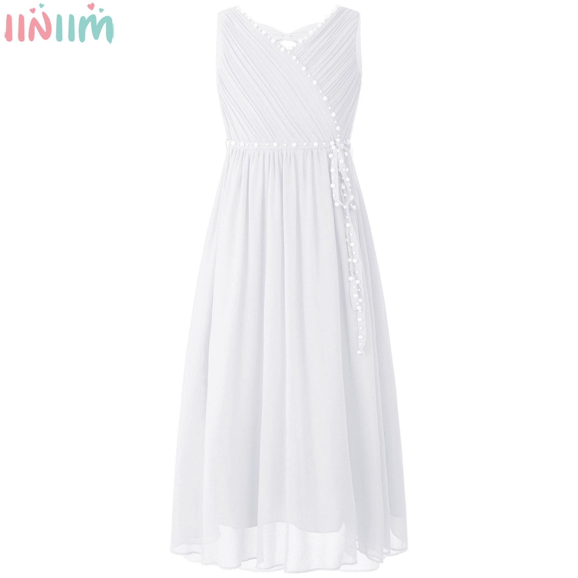Girls Elegant Beaded Party Dress Ruched Sleeveless Hollow Out Chiffon Maxi Dress with Detachable Sash for Wedding Prom Birthday