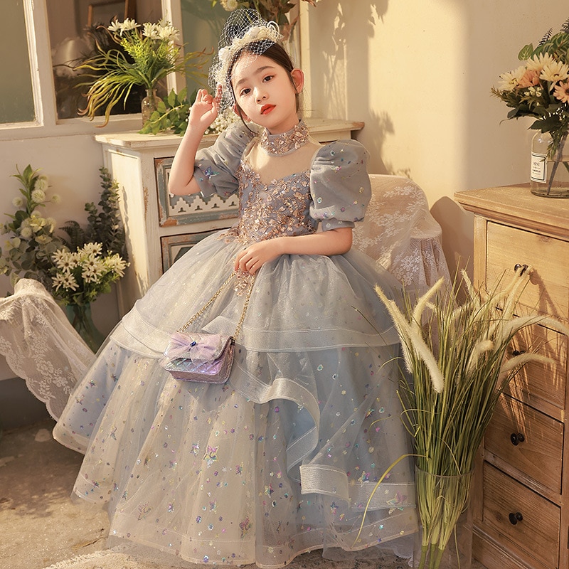 High quality Teenage Wedding Party Dress Beaded Sequins Baby Princess Dress Girls ball Long Dress Children Pageant ball gown