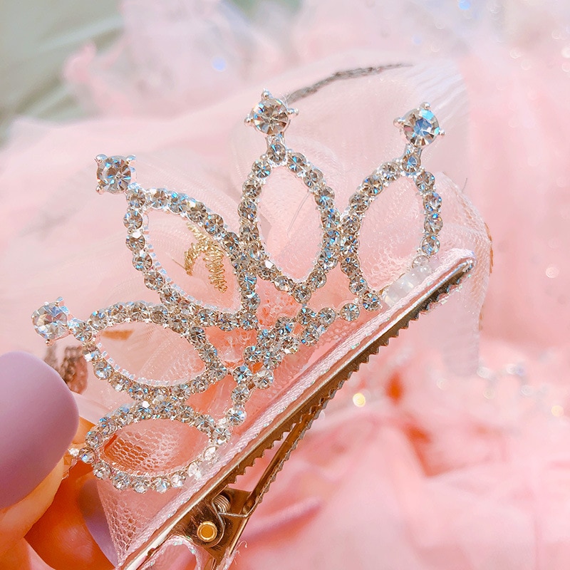 Korea Style Pink Princess Hairbands Baby Girl Barrettes Clips Mesh Crystal Crown Veil for Kids Girls Headwear Hair Accessories