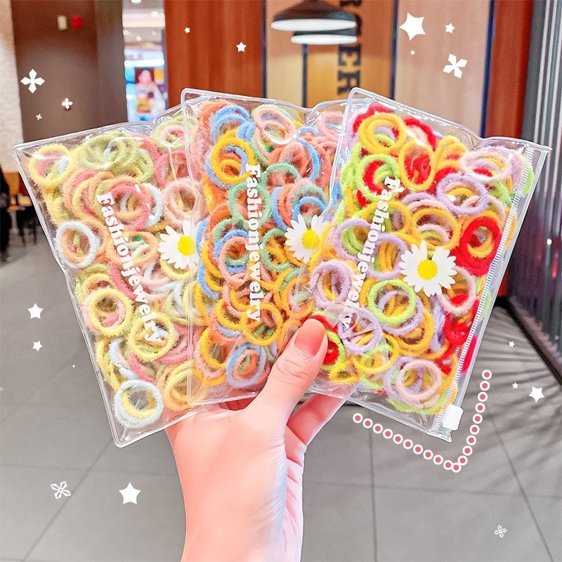100 Pcs/set 2cm Children Cute Candy Cartoon Solid Elastic Hair Bands Girls Lovely Korean Style Scrunchies Rubber Kid Accessories