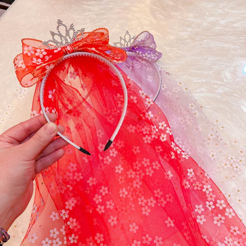Korea Style Baby Girl Princess Hairbands Printed Shawl Mesh Bow Crown Veil for Kids Girls Headwear Hair Accessories
