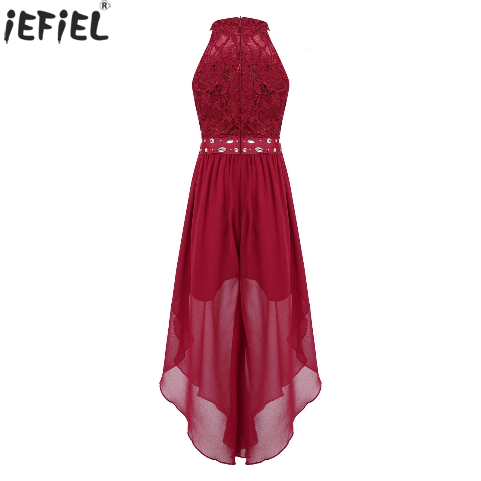 Burgundy Girls Long Dress Glittering Beaded Sleeveless Lace Bodice Elegant Maxi for Child Kids Girls Chiffon Party Wedding Dress