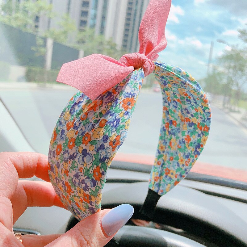 Korea Sweet Big Girls Hairbands Flower Printed Cloth Bow Princess Wide Headbands Children Girl Headwear Hair Accessories