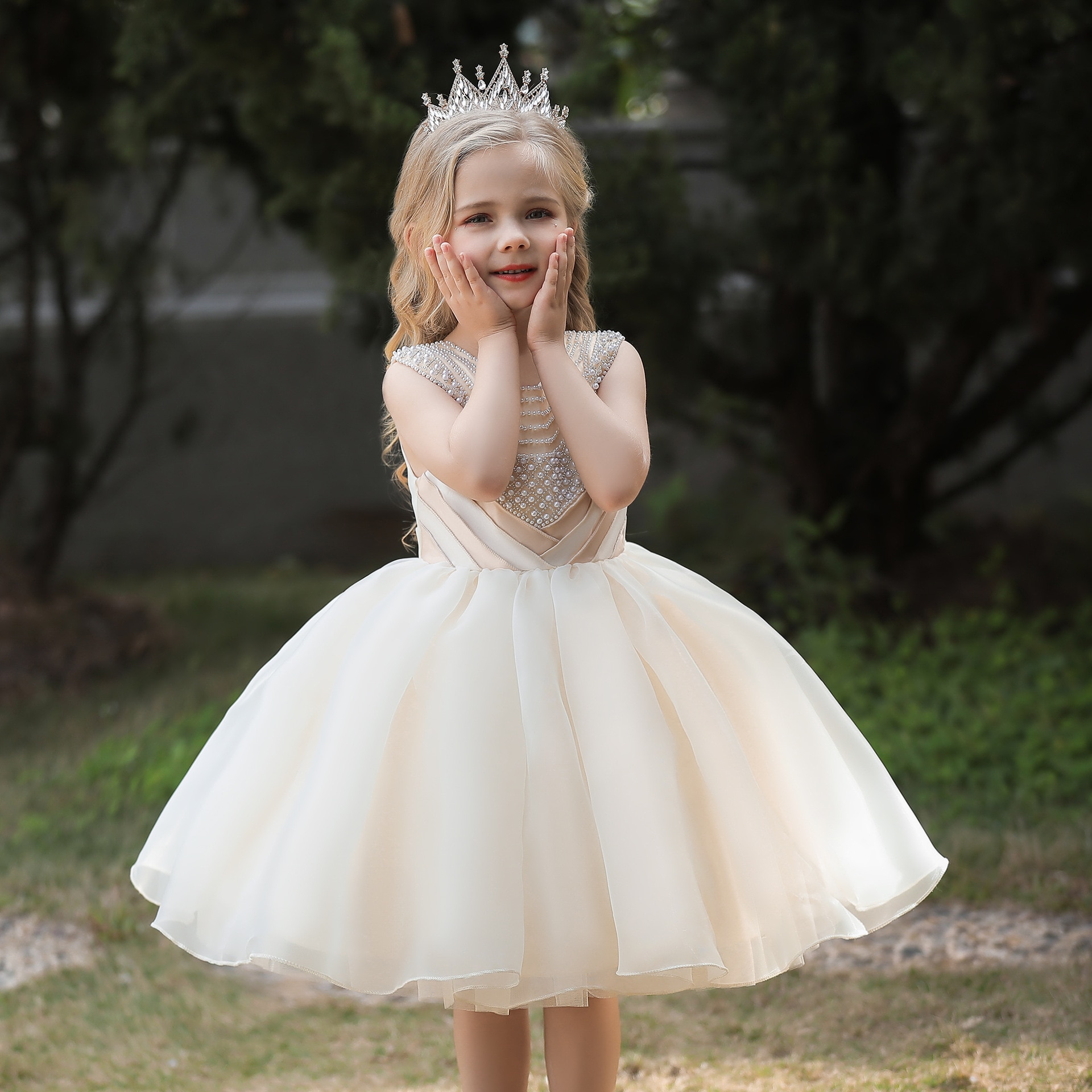 KEAIYOUHUO 2022 New Girl's Ceremonial Dress Pearl Tulle Children's White Sleeveless Dresses Princess Performance Costu
