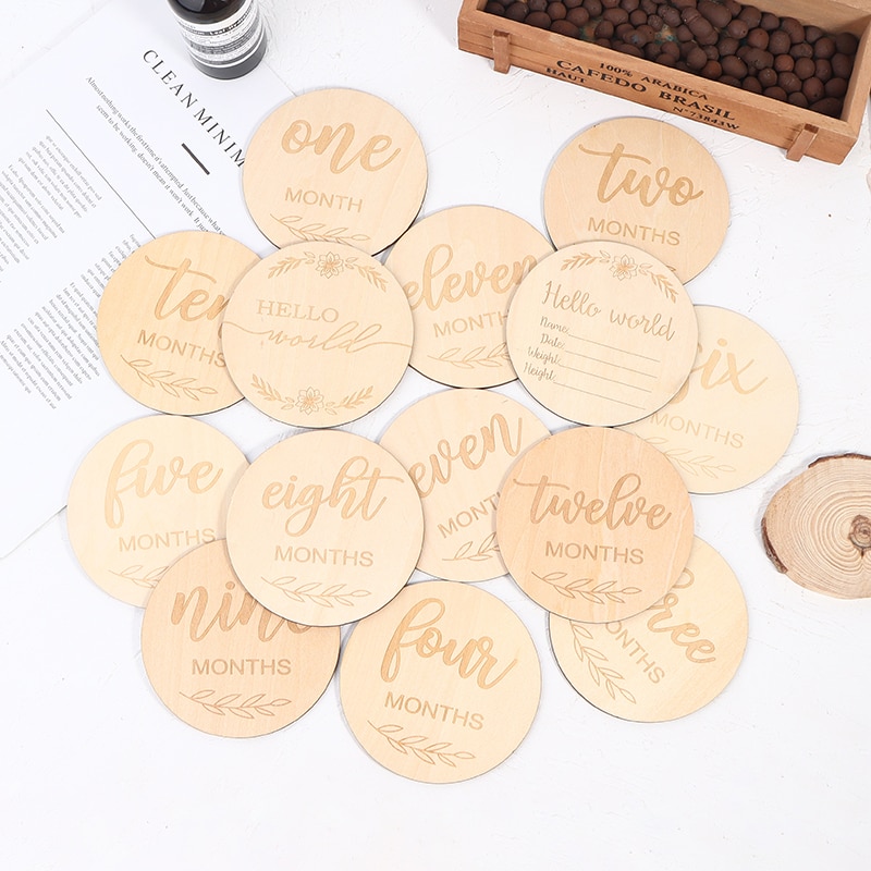 Handmade Wooden Baby Milestone Cards Newborn Birth Monthly Growth Recording Cards Photography Props for 1-12 Month Baby