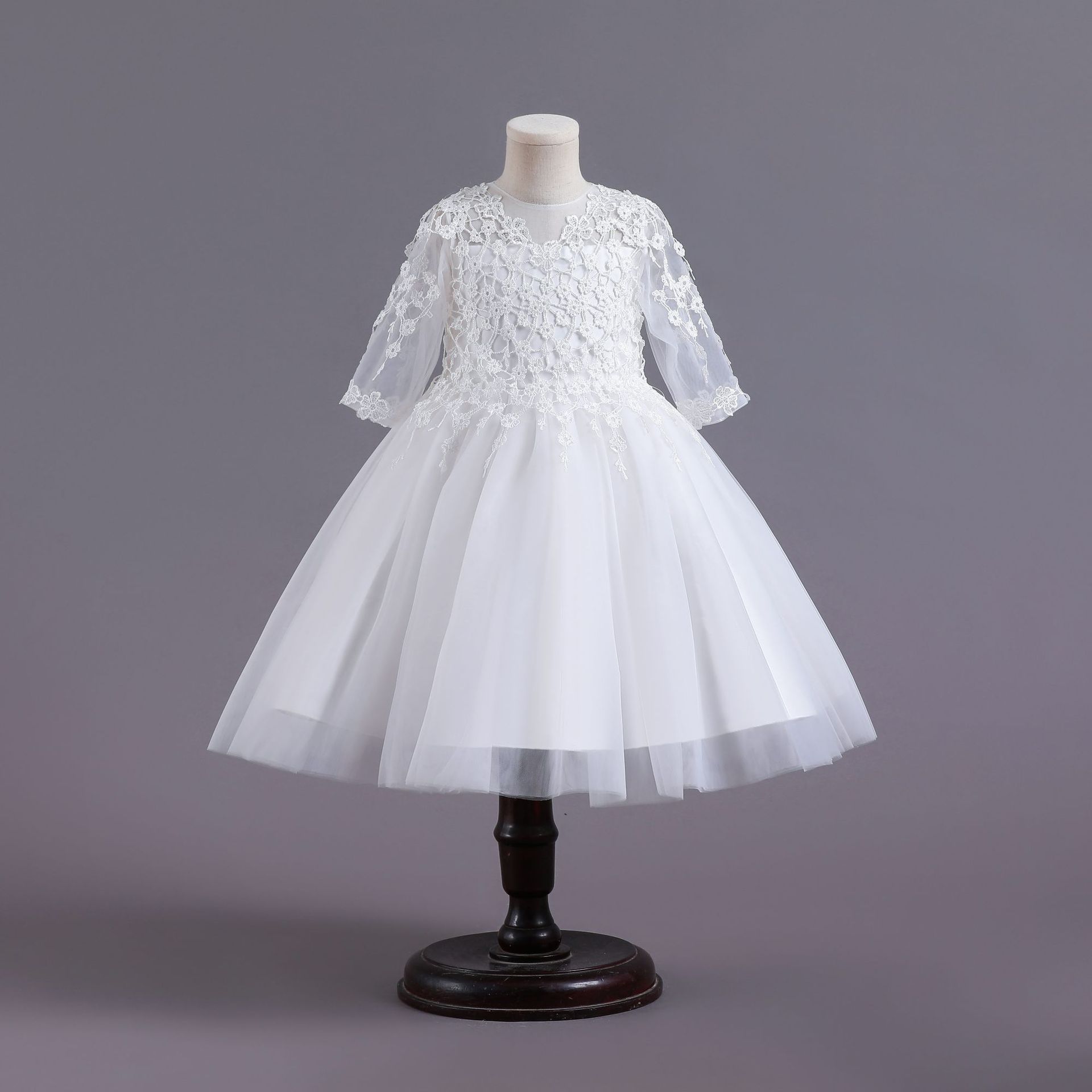 2022 new flower girl wedding dress white lace mid-sleeve short princess dress birthday party princess dress children's dres