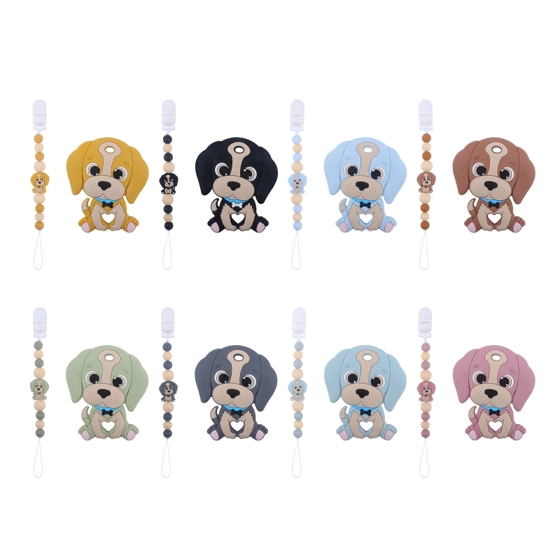 Cute Dog Silicone Pacifier Clip with Teether Set Teething Soothie Toy GXMB