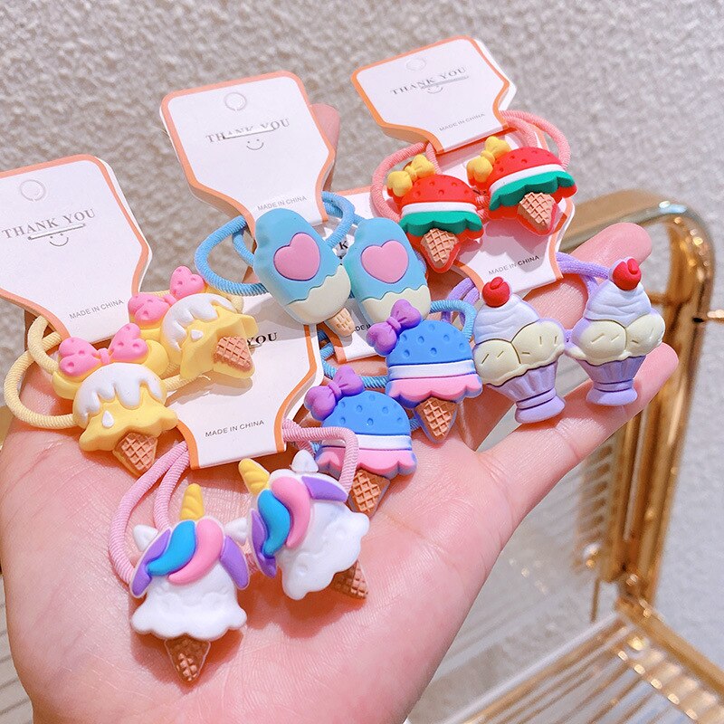 2pcs Cute Ice Cream Hair Ties Sweet Cone Elastic Hair Bands Resin Cartoon Unicorn Hair Rope Girls Gum Kids Ponytail Scrucnhies