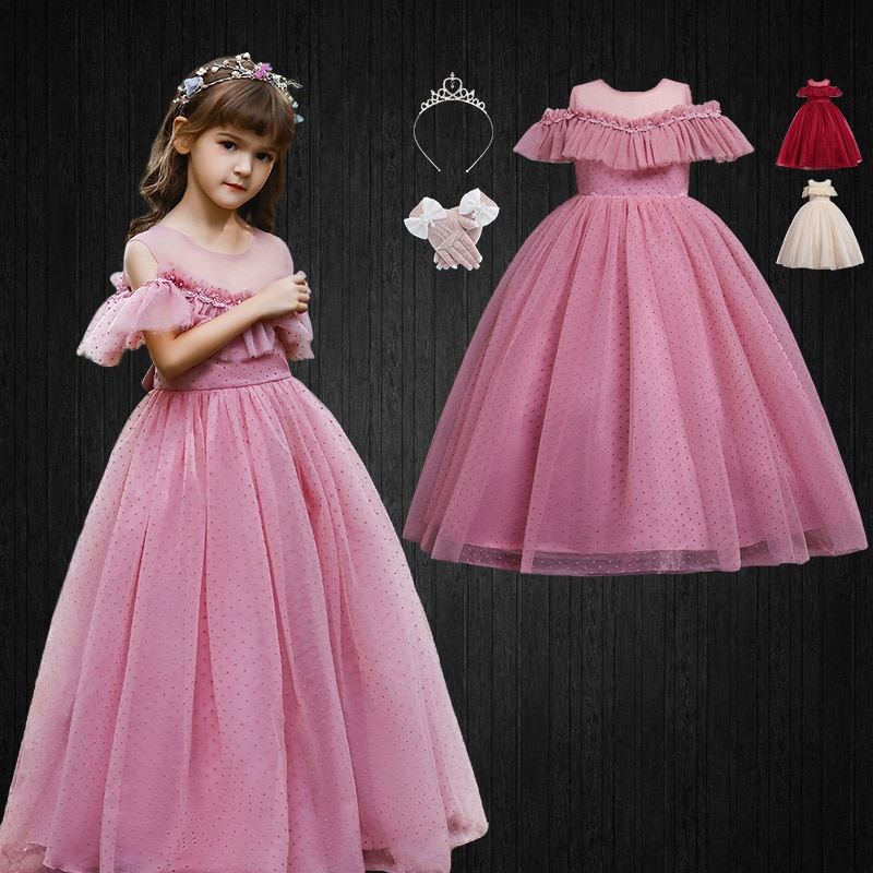 Children's Wedding Bridesmaid Ceremony Polka Dots Long Elegant Dresses for Girls Teenager Graduate Birthday Party Occasion 