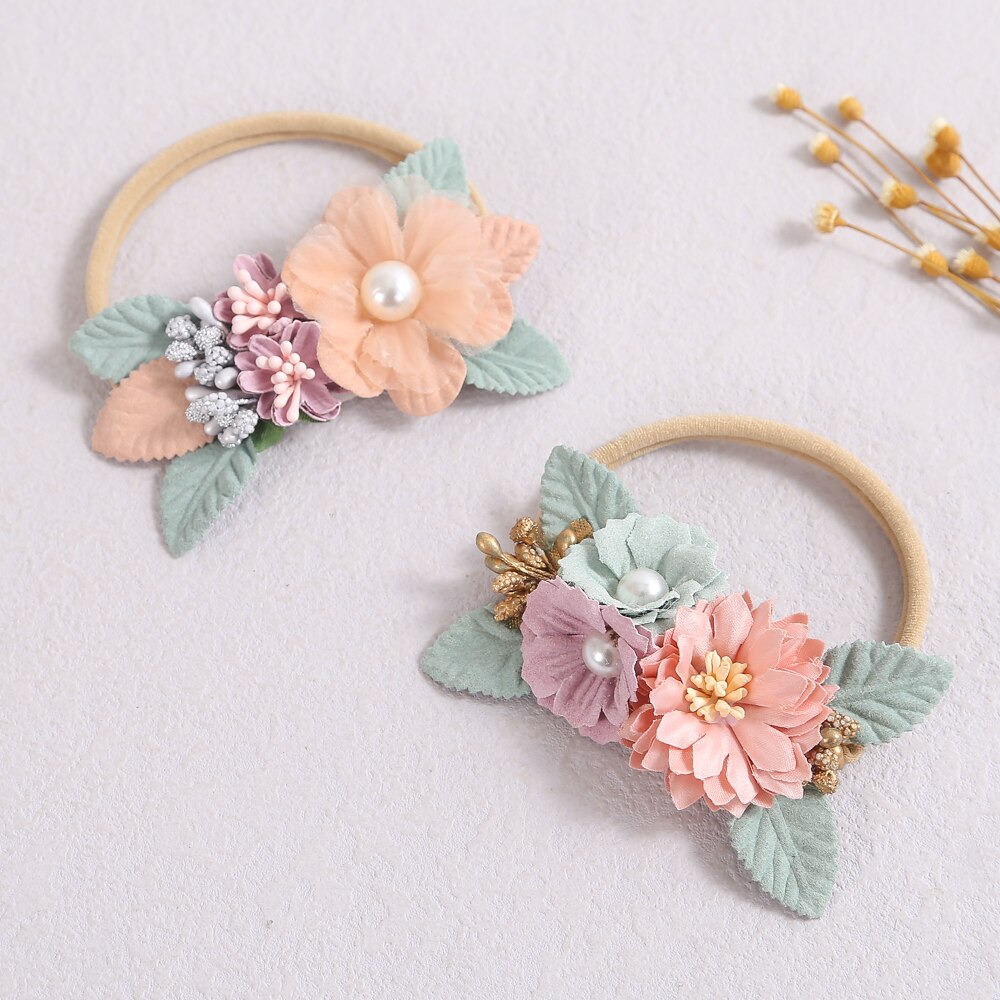 Artificial Flower Baby Girl Headbands Pearl Floral Baby Headband Newborn Elastic Kids Hair Bands Infant Toddler Hair Accessories