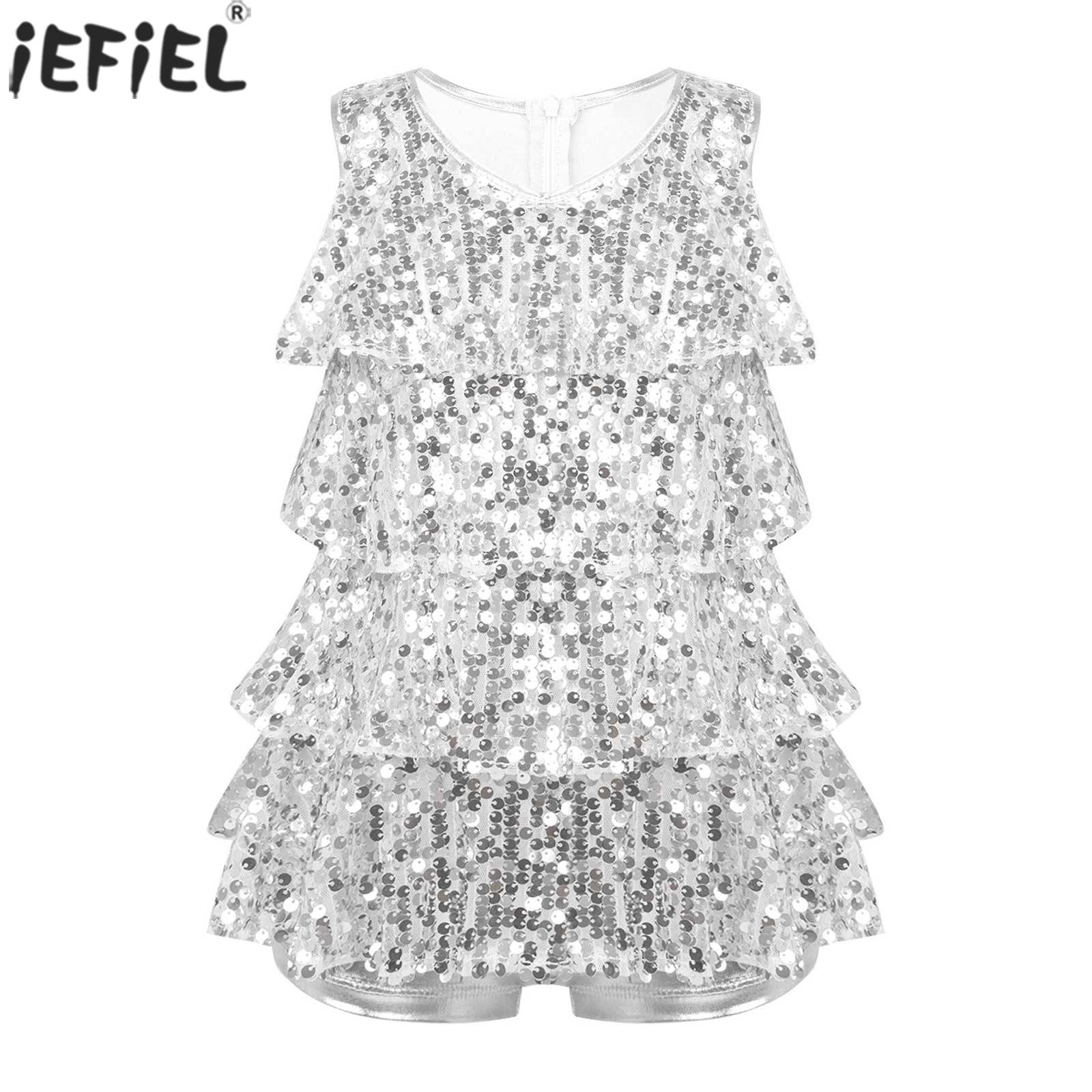 4-16 Kids Girls Stylish Clothing Sleeveless O Neckline Shiny Sequins Decorated Tiered Style Bronzing Cloth Jazz Dance Leotards