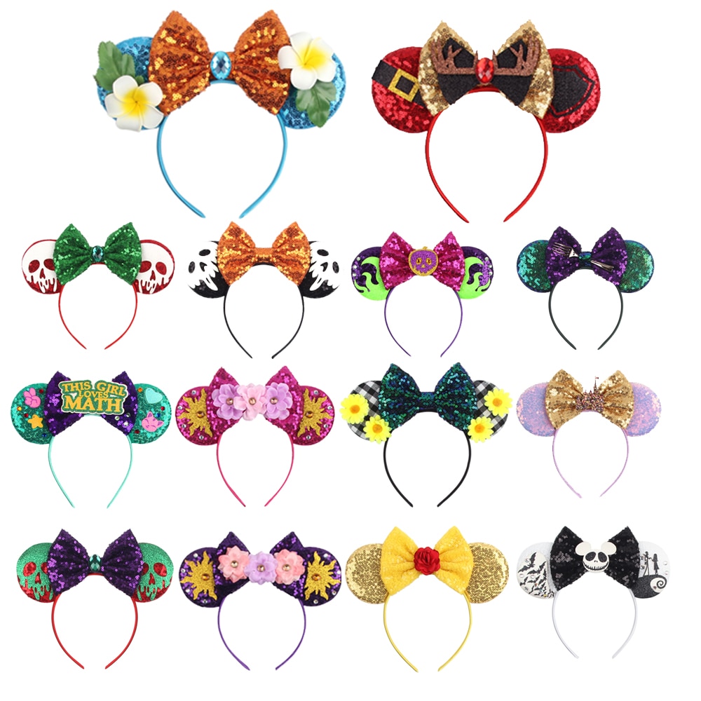 Mickey Mouse Ears Headband 2022 Pretty Princess Girls Birthday Party Cosplay Hairband Flowers Sequin Bow Hair Accessories