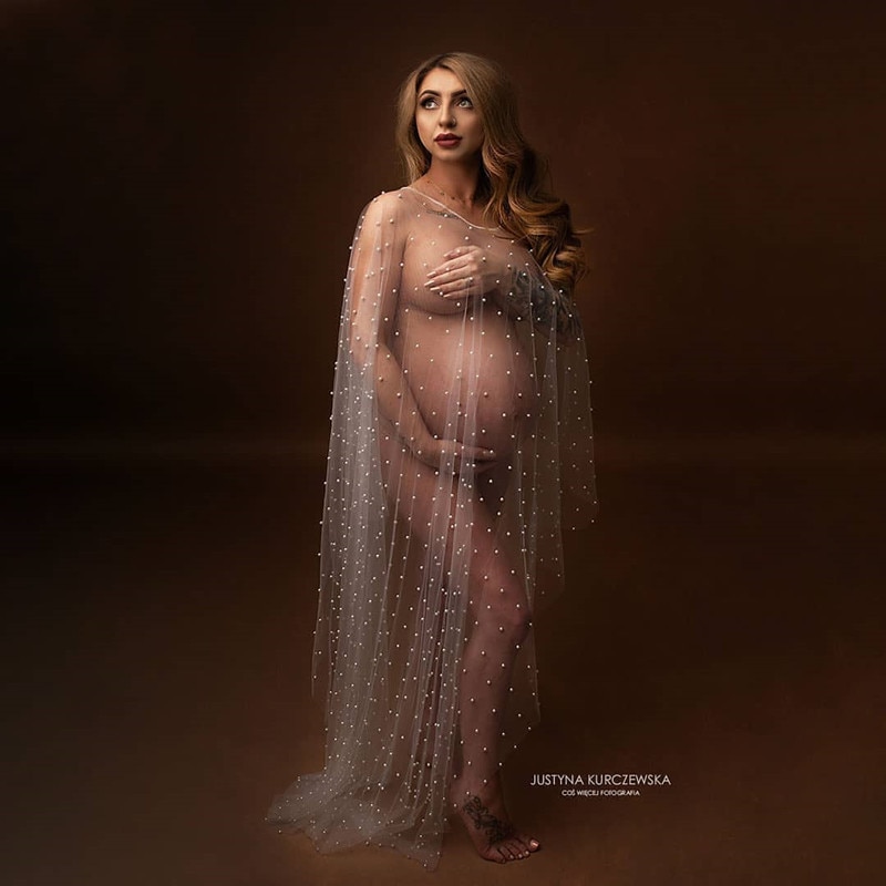 See Through Pearl Tulle Maternity Cape For Photo Shoot Pregnant Woman Pearl Tulle Cape