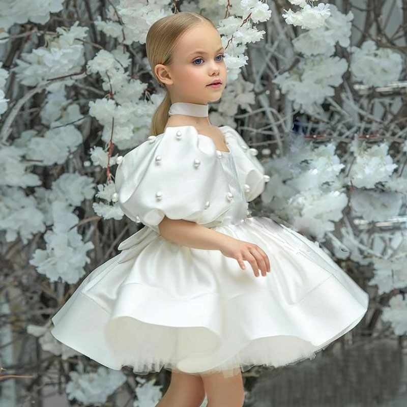 High Quality White Pearl Baby Christening Baptism Wear Flower Girl Dress Elegant Children Party Gown