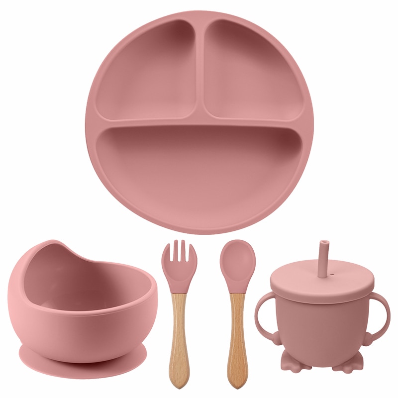 Solid Color Baby Silicone Bowl Divided Plate Feeding Bowl Straw Cup Fork Spoon for Toddlers Training BPA Free Tableware Set