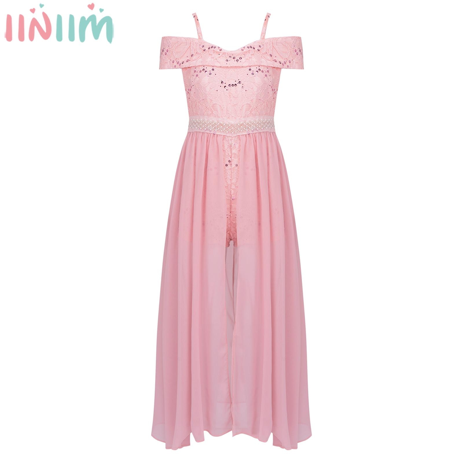 Kids Girls Beaded Lace Party Dress Off Shoulder Spaghetti Strap Split Chiffon Leotard Dress for Dancing Wedding Birthday Prom