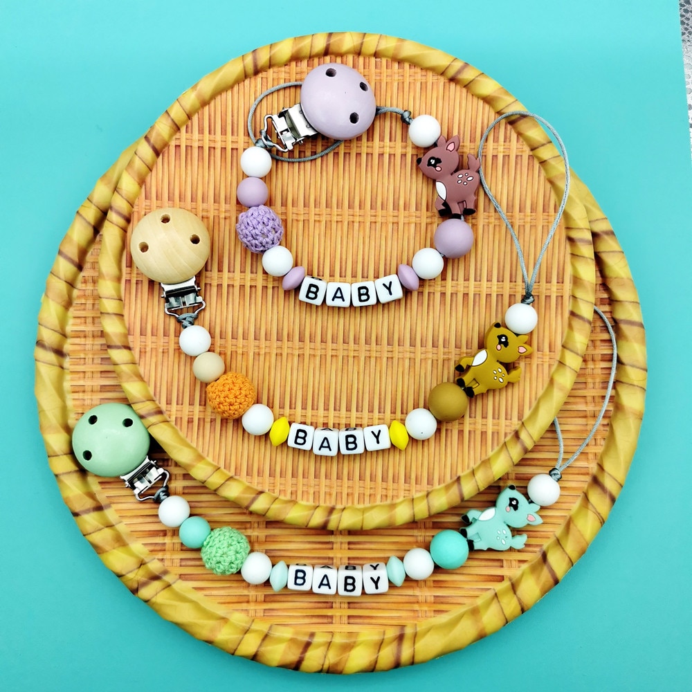 Custom English Russian Letters Name Baby Silicone Sika Deer Pacifier Clips Chains Teether Pendants Baby Pacifier Kawaii Teether