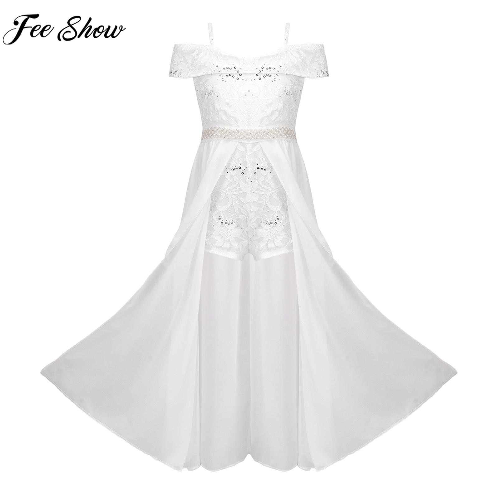 Girls Off Shoulder Lace Chiffon Wedding Bridesmaid Dress Beaded Sequin Decor Split Leotard Party Dress for Birthday Prom Dance