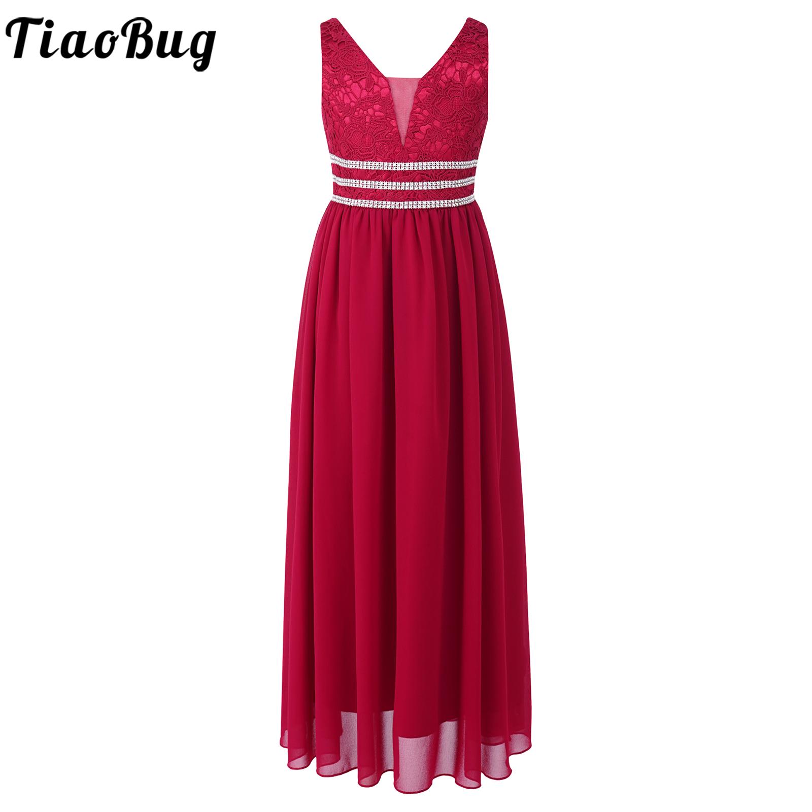 6-16 Burgundy Girls Long Dress Sleeveless Chiffon Party Dress Child Graduation Evening Wedding Wear with Shiny Waist Decorations