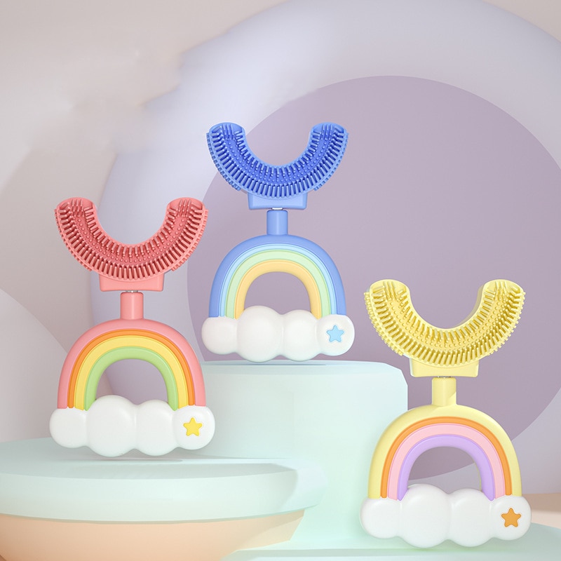 Kids Toothbrush U-Shape Infant Cartoon Toothbrush With Handle Silicone Oral Care Cleaning Brush For Toddlers Ages 2-12
