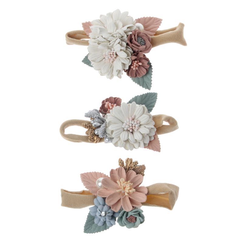 Q81A Baby Girls Nylon Elastic Headband Soft Flower for Infant Toddler Hair Band with Pink Flowers Green Leaves for Newborn